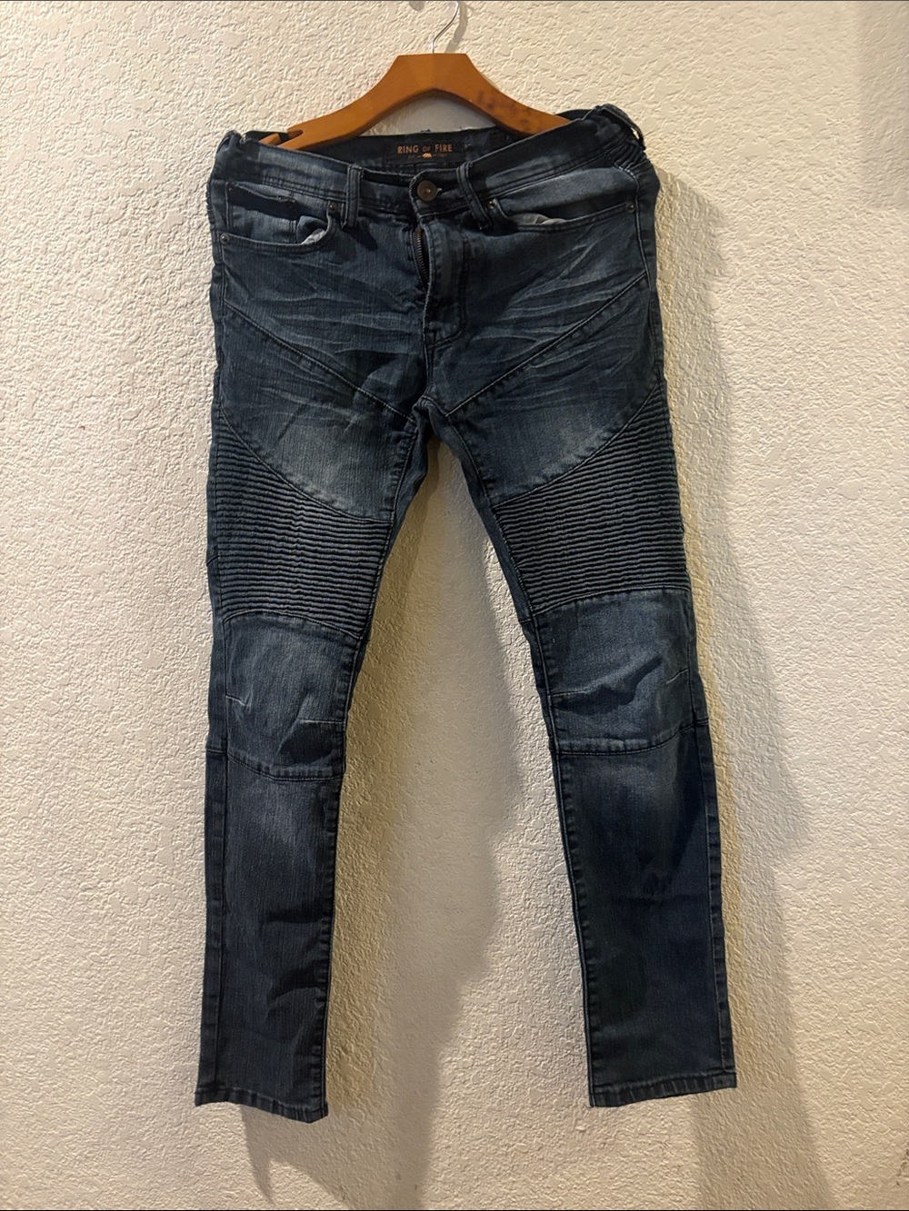 Ring of Fire men’s  Dark Wash Moto Skinny Jeans - Blue